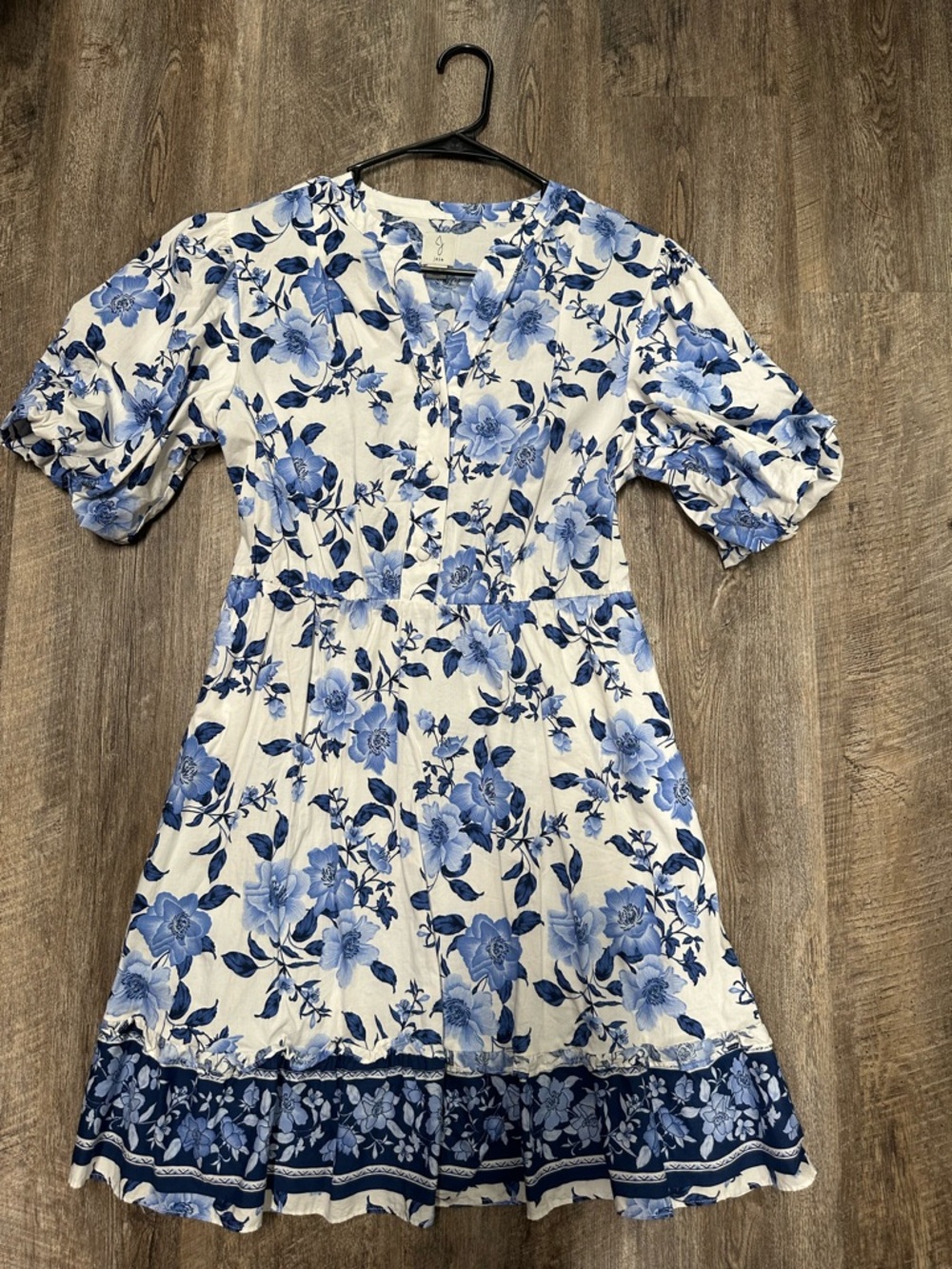 Jolie Blue and White Floral V-Neck Ruffle Hem Dress